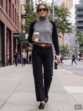 MONROW 100%Cashmere Colorblock Mock Neck Sweater Gray + Black Puff Sleeve Sz S